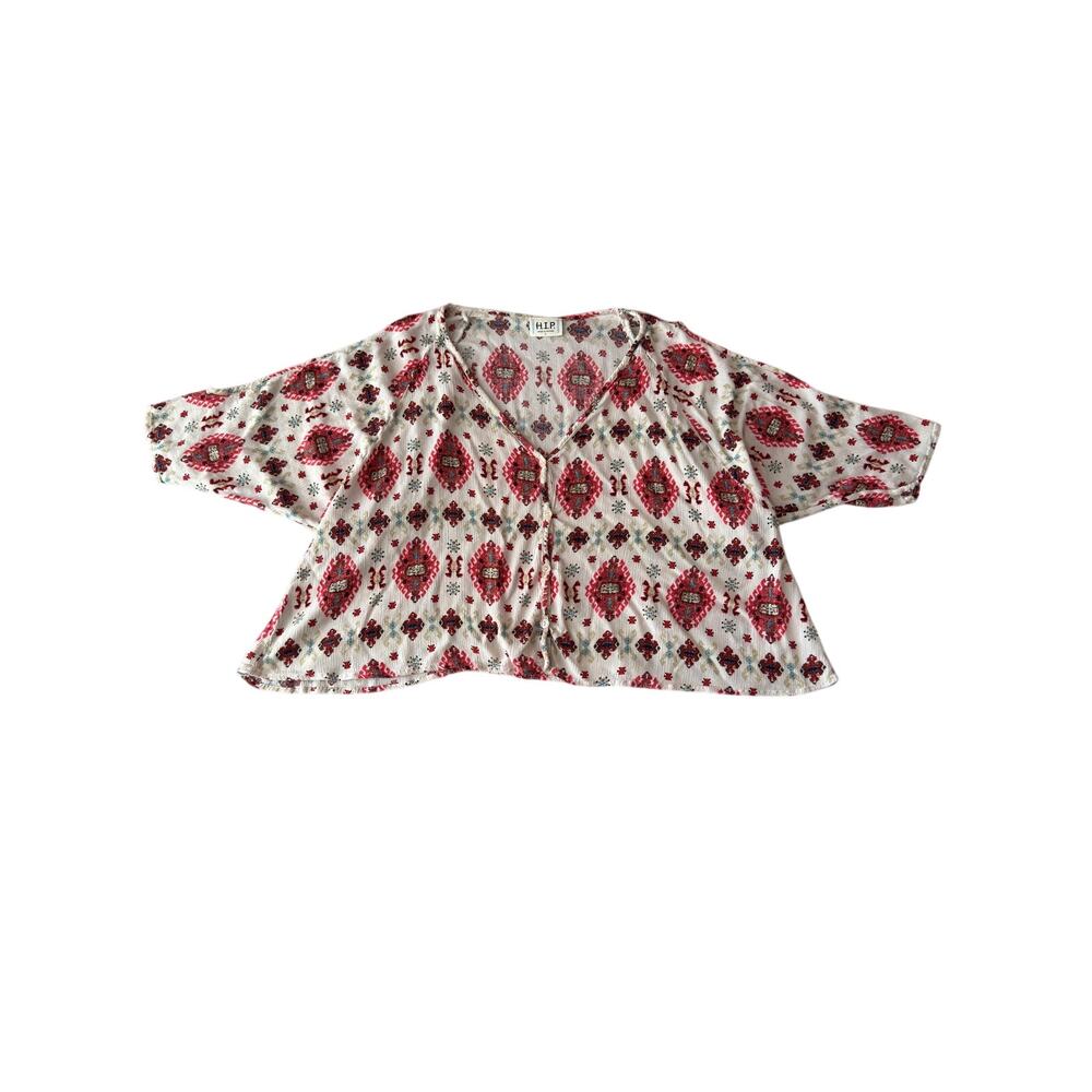 H.I.P. Boho Print Cropped Button Front Blouse Top Large